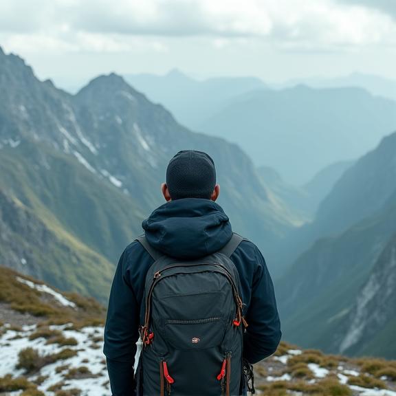 Hiker wearing an Ironbark Sport jacket on a windswept mountain summit, overlooking a vast landscape