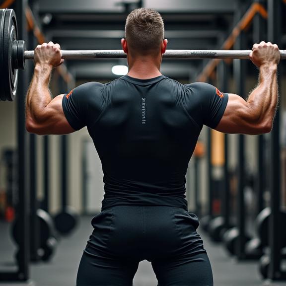 Man in a gym wearing Ironbark Sport training shirt and shorts performing a lift