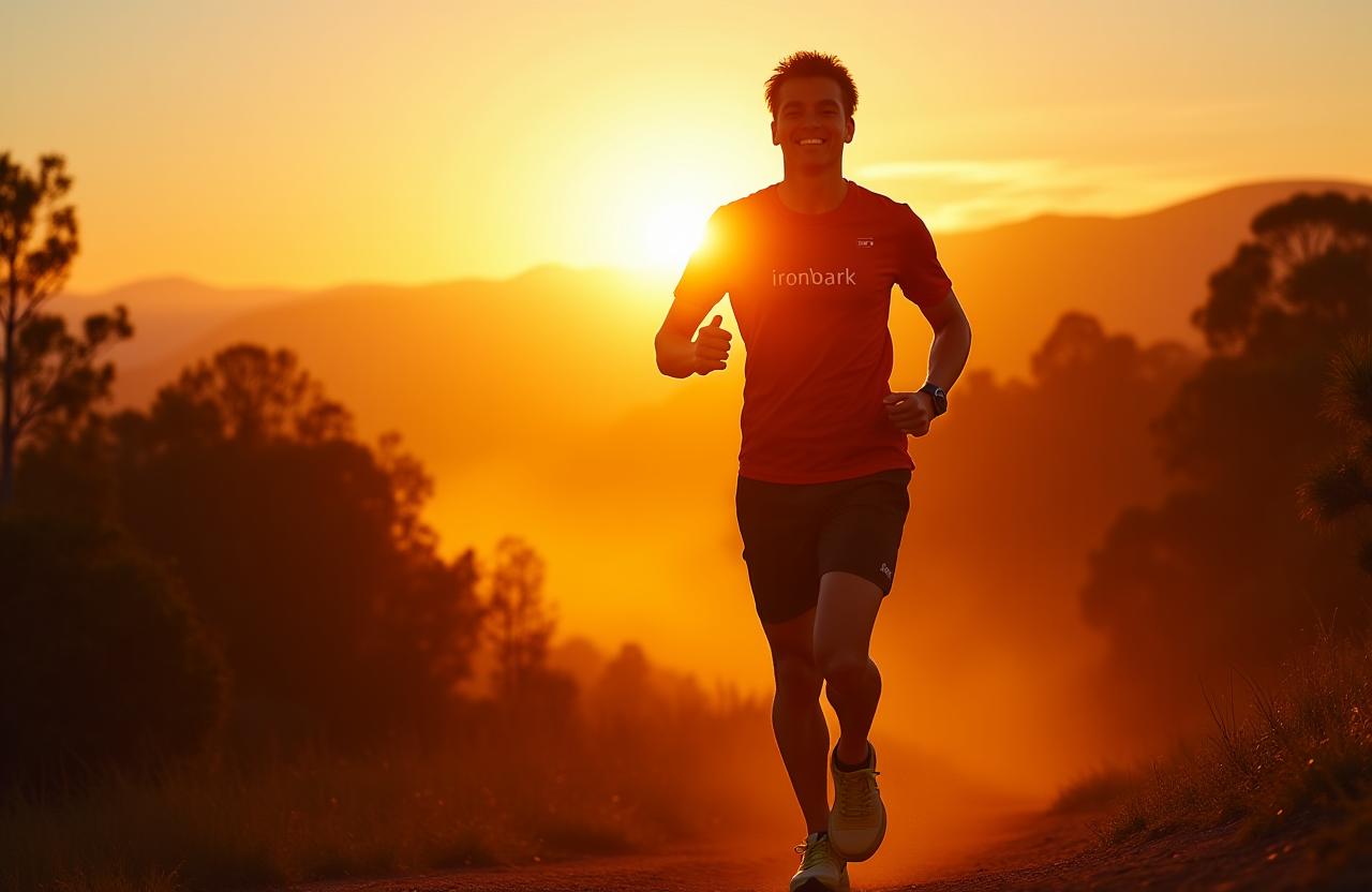 Athlete wearing Ironbark Sport gear on a trail run, silhouetted by the sun
