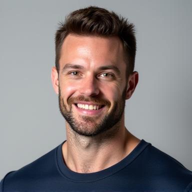 Portrait of Liam Jensen, a certified strength and conditioning specialist with a focused expression